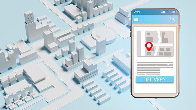 Smartphone Map Interface for Urban Delivery Service with GPS Location Tracking in City Model 3d image