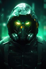 Cyberpunk Figure with Glowing Green Eyes with Mask in Rain