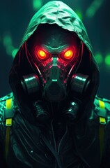 Cyberpunk figure with glowing green eyes with mask in rain.