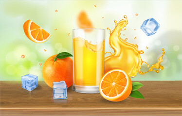 Orange juice drink glass Advertising banner ads with splashing beverage. Orange fruits, ice cubes on bokeh nature background - 763477739