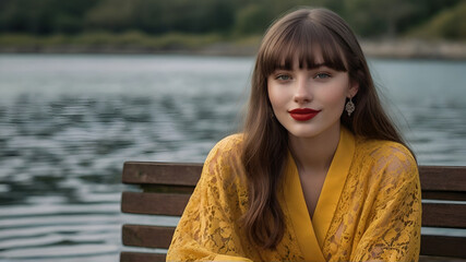 A woman with red lipstick sits on a bench by a lake