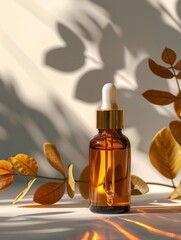 (Skincare Mockup) Golden Dropper Bottle with Plant Shadows on White