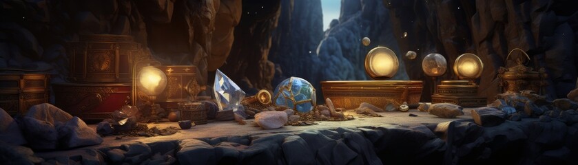 A treasure trove of ancient artifacts and valuable jewels hidden deep underground, cinematic, unreal engine, manhwa, wonderland - obrazy, fototapety, plakaty
