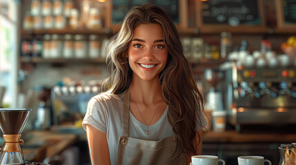 young smiling happy female barista in apron serving a cup of coffee to go at the bar counter of a cafe, woman, girl, coffee shop, drink, restaurant, employee, waiter - obrazy, fototapety, plakaty