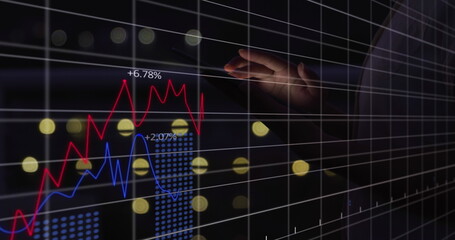 Image of data processing over caucasian businessman using tablet