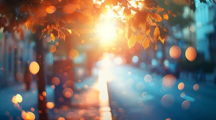 Street in backlight with bokeh, lensflares and sunbeams - obrazy, fototapety, plakaty