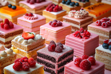 Dessert top view. Collection of different dessert foods in high detailed coloring style background