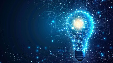 Circle tech with light blue and lamp bulb consisting of points on blue background