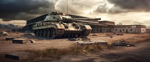 Afwasbaar fotobehang A large tank is parked in front of a building. The tank is surrounded by rubble and debris, giving the impression of a war-torn area. Scene is somber and bleak © Людмила Мазур