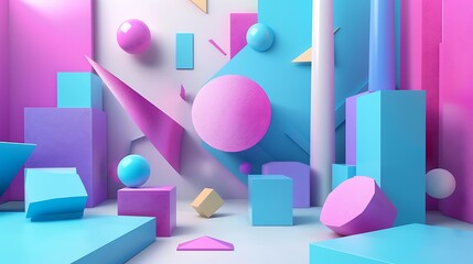 3D rendering of geometric shapes in bright pastel colors. The shapes are arranged in a random...