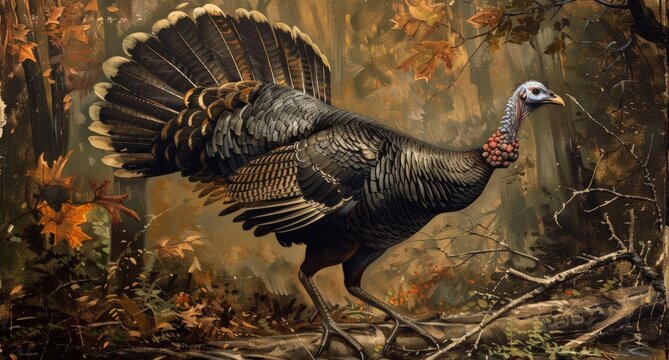 A painting featuring a turkey standing among dense trees in a forest setting