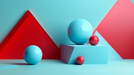 3D rendering of blue and red geometric shapes. There are two blue spheres, two red spheres, and a blue rectangular prism.