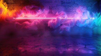 an empty room featuring brick walls bathed in neon lights, accented by laser lines, and enigmatic colorful smoke.