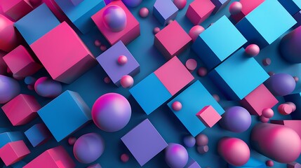 3D rendering of geometric shapes. Pink, blue and purple spheres and cubes. Abstract background.