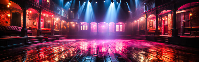 An empty dance floor bathed in vibrant blue violet lighting