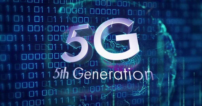 Animation of 5g 5th generation text and binary coding digital data processing