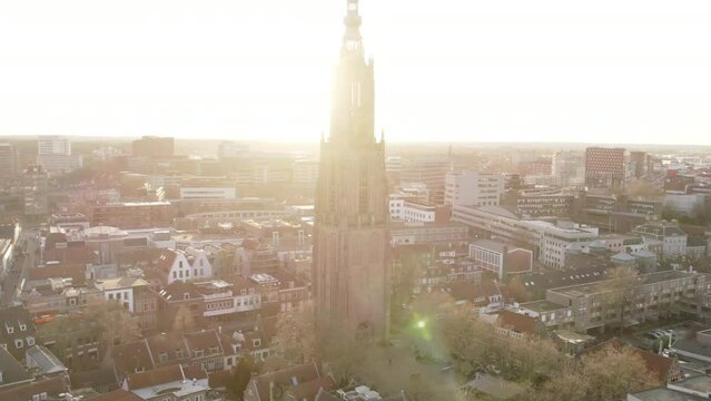Aerial view of Amersfoort at spring season with the Lieve Vrouwe Tower, The Netherlands, Town Skylin