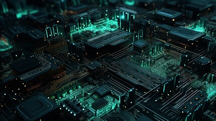 Fototapeta premium Abstract 3d cityscape of motherboard components in black and neon turquoise colors