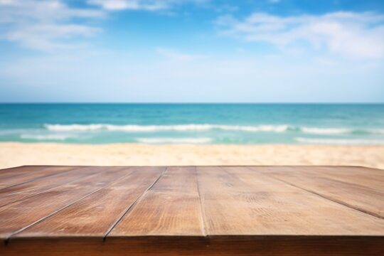 a wooden table on a beach