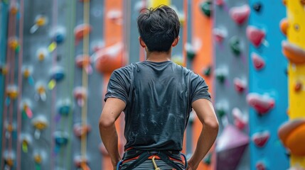 A climber is preparing to ascend a colorful artificial climbing wall