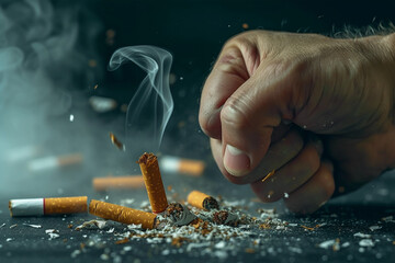 Man's fist crushing cigarettes  - obrazy, fototapety, plakaty