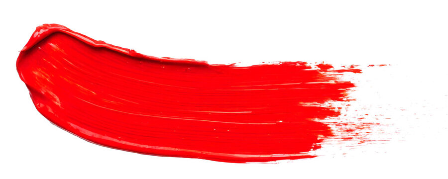 Red paint brush stroke isolated on white background, smudged makeup products.