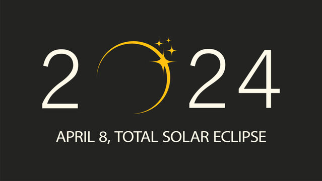 Total solar eclipse 2024 banner template with information text. Horizontal poster, card, typography design with copy space for text. Modern simple flat vector illustration on dark gray background
