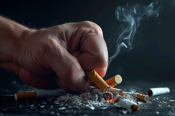 Man's fist crushing cigarettes 