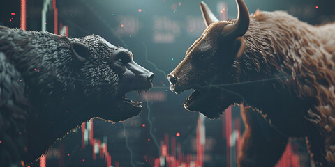 Silver painted bull and bear sculpture staring at each other in dramatic contrasting light representing financial market trends under blue-black background. - obrazy, fototapety, plakaty