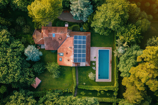 A house on the roof of which there are solar panels to generate electricity, photo taken from above