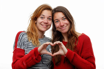 Happy love Two woman making a heart shape with their hands, isolated on white studio background