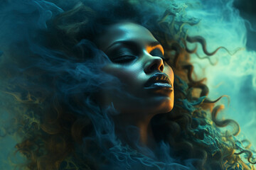 Beautiful woman's face in smoke. Woman face silhouette from smoke. Woman's face in vape smoke. Head of a beautiful woman in cigarette smoke. Vape light. - 763482518