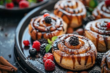 Cinnamon Rolls With Icing on Black Plate