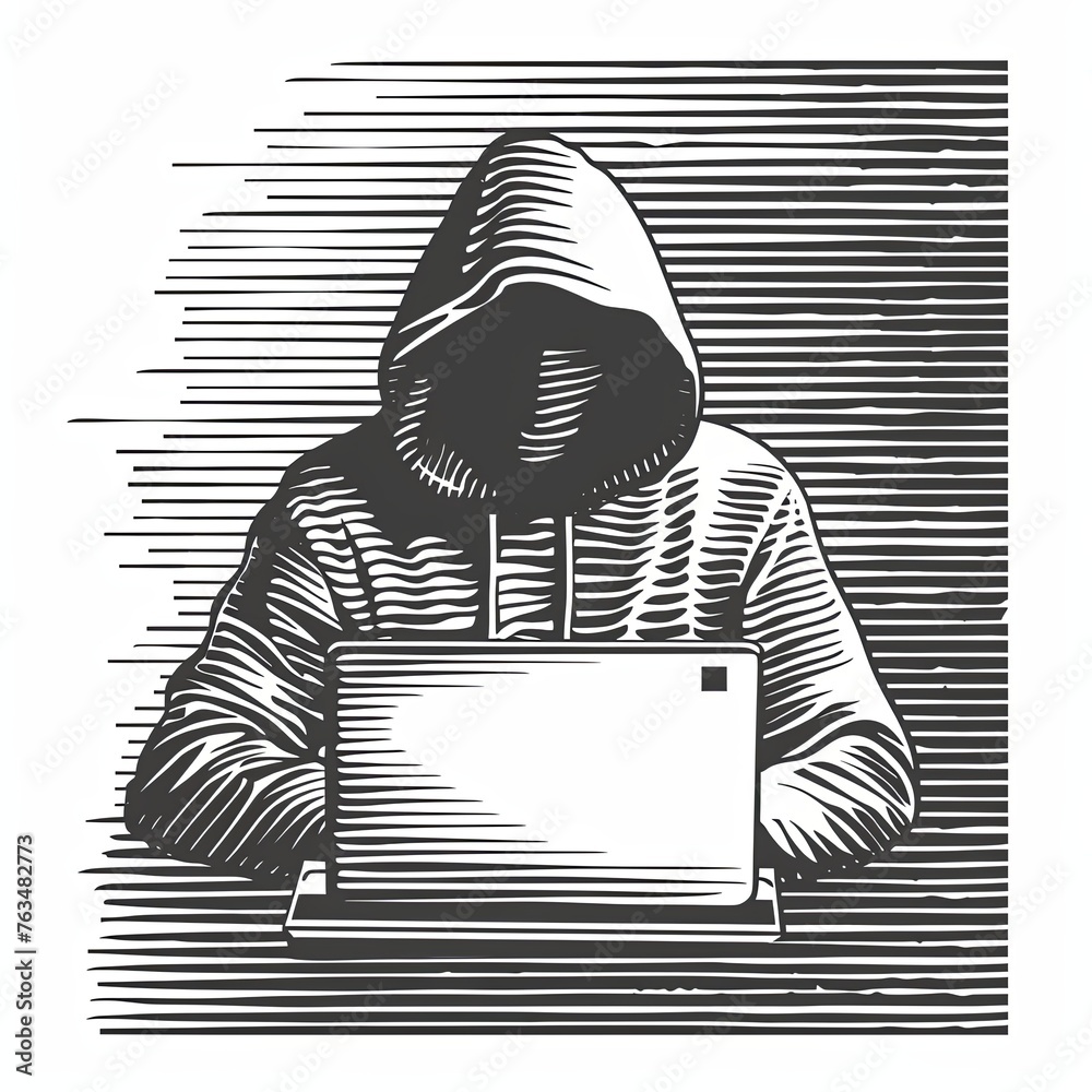 Wall mural guy hacker sits at a table in front of a laptop on a dark background. the man is stealing data. the 