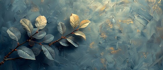 A painting on canvas with leaves and branches textured with acrylics - obrazy, fototapety, plakaty