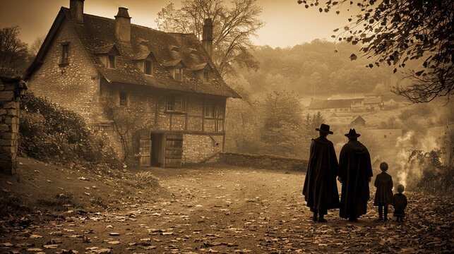 A family walks towards a wooden house. The scene is somber and quiet. An imitation of a Victorian style photograph. Digital art. Illustration for cover, card, postcard, interior design, decor, etc.