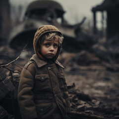 child of war in the middle of ruined city town