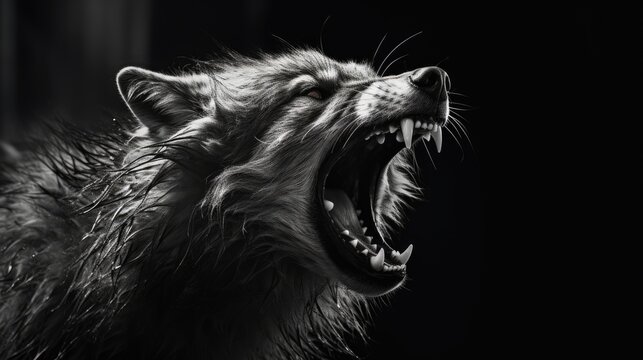 The wolf growls menacingly with its teeth wide open. A wild animal in its natural habitat before attacking its prey. Illustration for cover, card, postcard, interior design, decor or print.