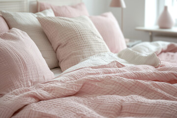 closeup of bed with pastel pink pillows and blanket