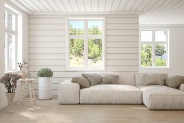 White living room with sofa and summer landscape in window. Scandinavian interior design. 3D illustration