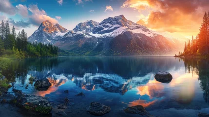 Abwaschbare Fototapete Reflection A majestic mountain landscape at sunset, snow-capped peaks, a crystal-clear lake reflecting the vibrant sky, serene nature. Resplendent.