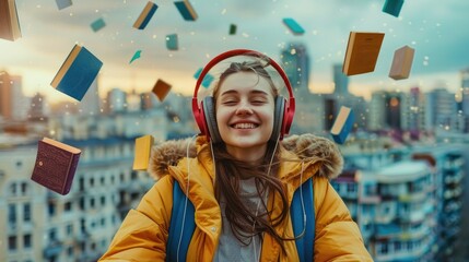 A joyful girl with headphones is surrounded by flying books against a city skyline at dusk - Powered by Adobe