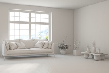 Grey living room concept with sofa. 3D illustration