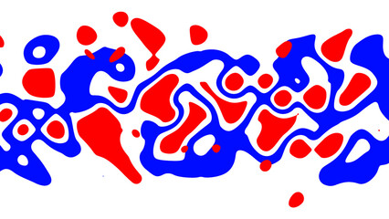 Abstract red and blue paint splatters on a white background.