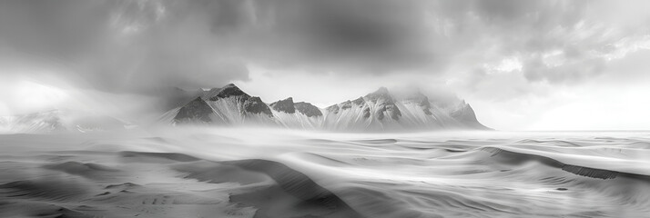 Aerial view of dramatic sunset sky over Vestrahorn mountain with wave crashing and black sand beach in Stokksnes peninsula at southeastern of Iceland, Generative Ai