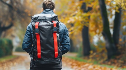 Back view of man with backpack in the park - obrazy, fototapety, plakaty