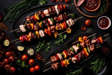 Generative AI invites you to indulge in the savory delights of grilled meat skewers, or shish kebabs, showcased against a dramatic black background - obrazy, fototapety, plakaty