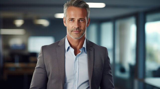 Mature 45 Year Old Confident Businessman Executive Standing In Office Looking At Camera