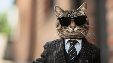 A cat wearing a suit and tie with sunglasses on