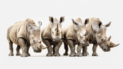 Obraz premium A majestic set of four rhinoceroses isolated on a crisp white background, highlighting the beauty and power of these endangered creatures